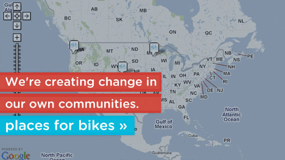 Map of the United States with highlighted locations and a message promoting community change through biking initiatives, featuring the phrases "We're creating change in our own communities" and "places for bikes."