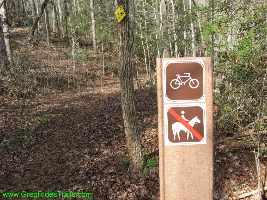 Trail sign indicating bicycle access allowed and no horse riding permitted, set in a wooded area with a leaf-covered path. Turner Creek Trail mountain bike trail.