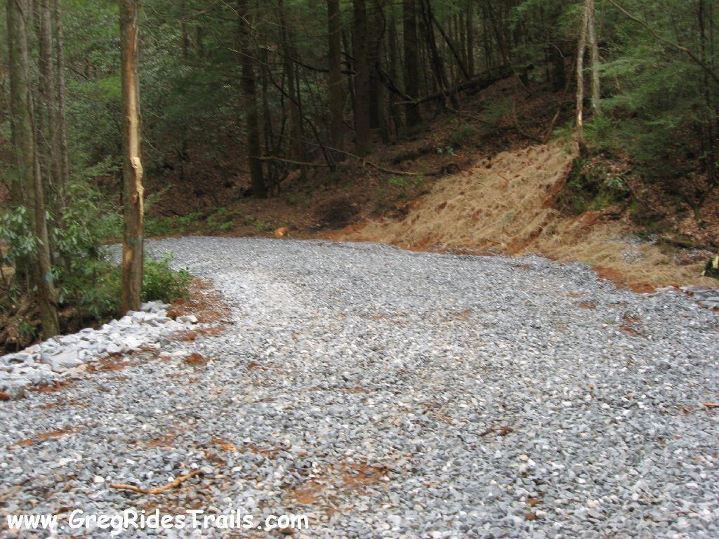 A gravel path winding through a wooded area, with trees on both sides and a hillside in the background. The terrain appears natural and untouched, showcasing a blend of soil and rocks. Montgomery Creek Trail mountain bike trail.
