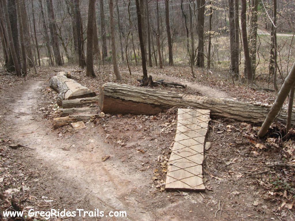 A narrow dirt trail winding through a wooded area, featuring a fallen log and a makeshift wooden bridge for crossing. The trail is surrounded by leafless trees and sparse underbrush, indicating a late autumn or early winter scene. Chicopee Woods mountain bike trail.