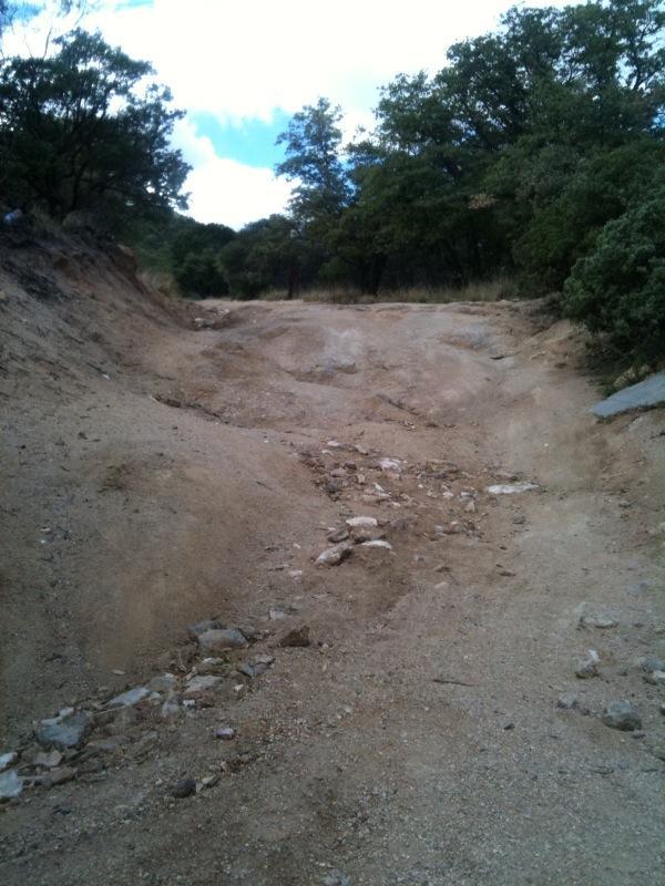 A sandy, rocky trail leads upwards through a wooded area, lined with trees on either side. The path is uneven, showing signs of erosion, with scattered rocks and dirt visible. The sky is partly cloudy, adding a natural ambiance to the outdoor scene. Brown Canyon mountain bike trail.
