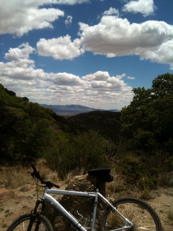A mountain bike resting on a rock in a scenic outdoor landscape, with rolling hills and mountains in the background under a partly cloudy blue sky. Brown Canyon mountain bike trail.