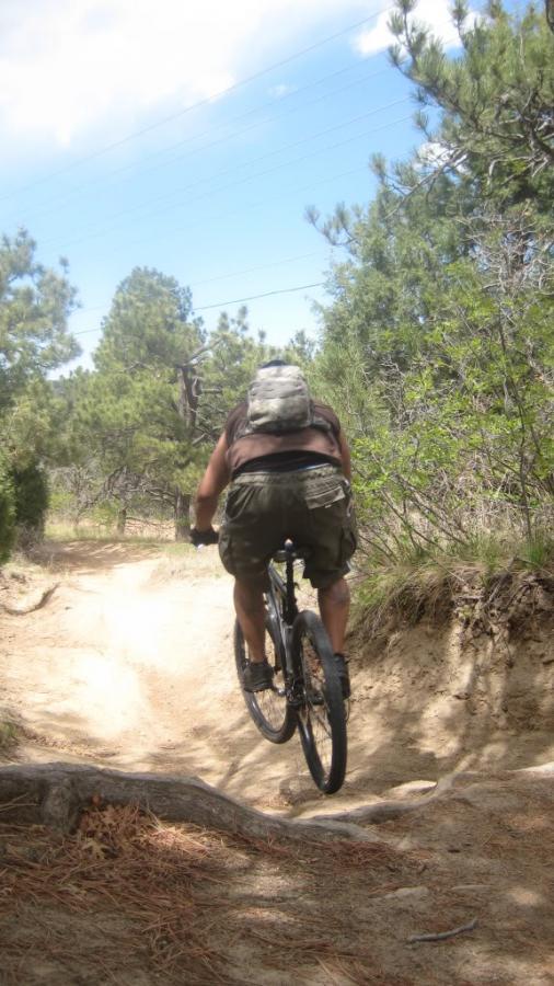 A person riding a mountain bike along a dirt trail in a forested area, with trees and shrubs in the background. Palmer Park mountain bike trail.