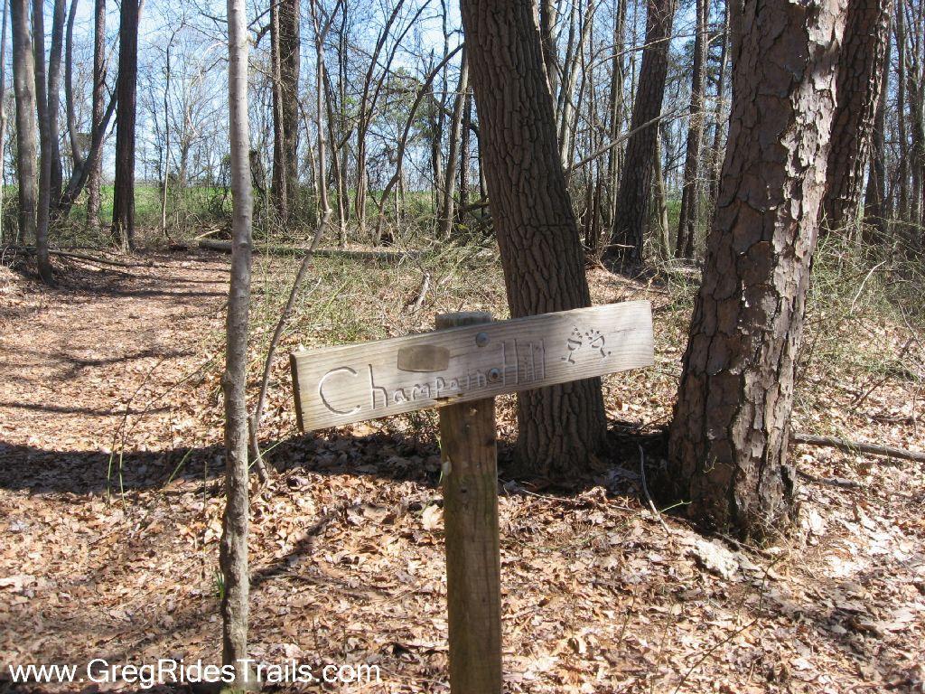 A wooden sign reading "Champagne" stands along a dirt trail in a wooded area, surrounded by tall trees and fallen leaves. The scene is set on a sunny day, with clear blue skies visible through the branches. Chicopee Woods mountain bike trail.