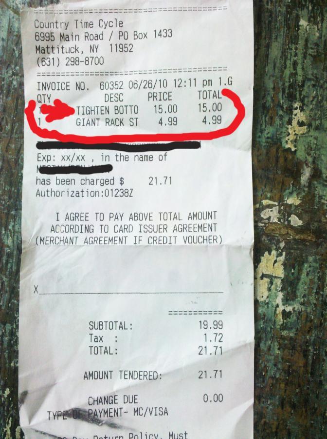 Receipt from Country Time Cycle, dated June 26, 2010, listing items purchased, including a "Tighten Botto" for $15.00 and a "Giant Rack ST" for $4.99. The subtotal is $19.99, with tax of $1.72, totaling $21.71. Payment was made via credit card with no change due.