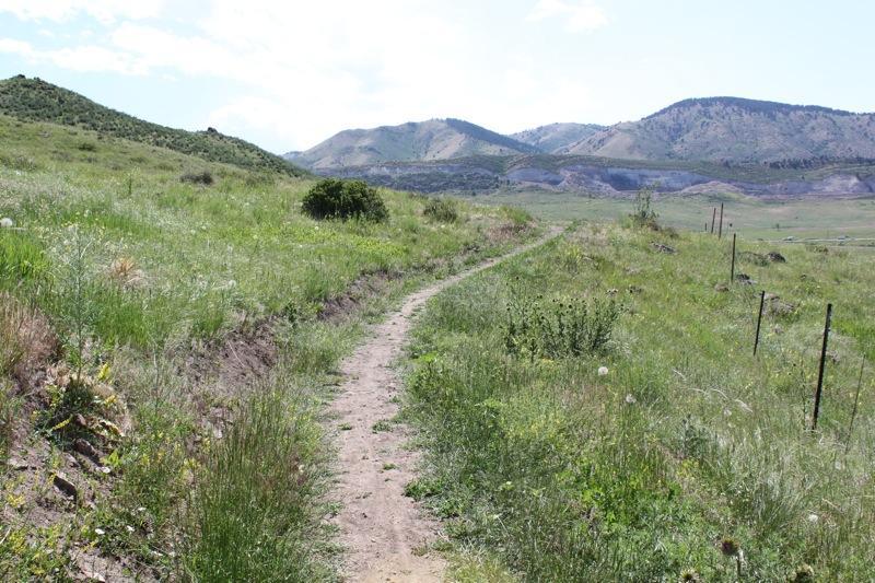A winding dirt path leads through a grassy landscape, with lush green vegetation on either side. In the background, rolling hills and mountains rise under a blue sky with scattered clouds. Fencing lines parts of the trail, creating a serene, natural setting ideal for hiking or exploration. North Table Mountain mountain bike trail.