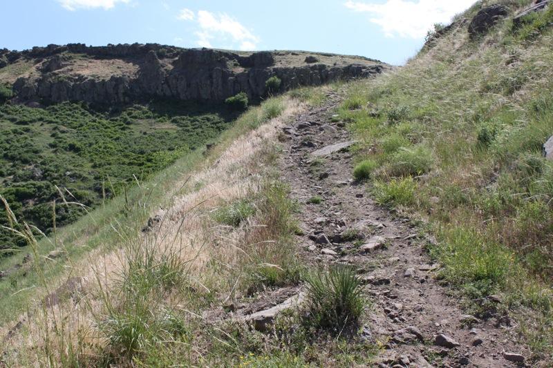 A narrow, winding hiking trail leads up a hillside, surrounded by lush green grass and rocky terrain. The path is uneven and slightly overgrown, with patches of wild grasses on either side. In the background, a rocky cliff rises against a partly cloudy blue sky. North Table Mountain mountain bike trail.