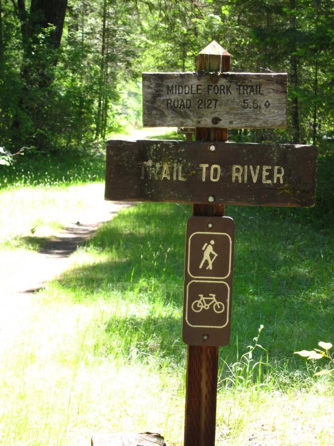 Wooden trail sign indicating "Middle Fork Trail" and "Trail to River," with distance markers. Symbols for hiking and biking are featured below. The background shows a wooded area with a green grassy trail. Middle Fork Trail mountain bike trail.