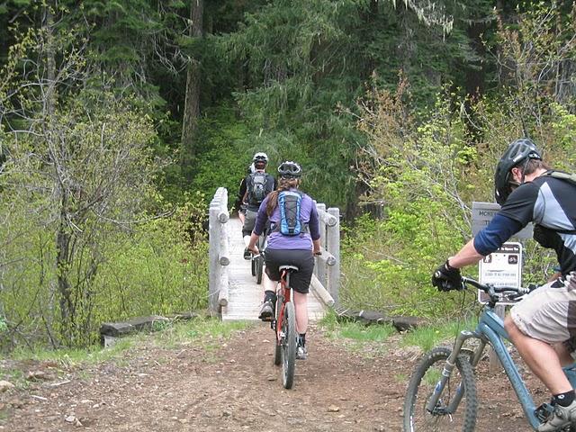 Three mountain bikers riding along a dirt path, approaching a wooden bridge surrounded by lush greenery and trees. Mckenzie River Trail mountain bike trail.