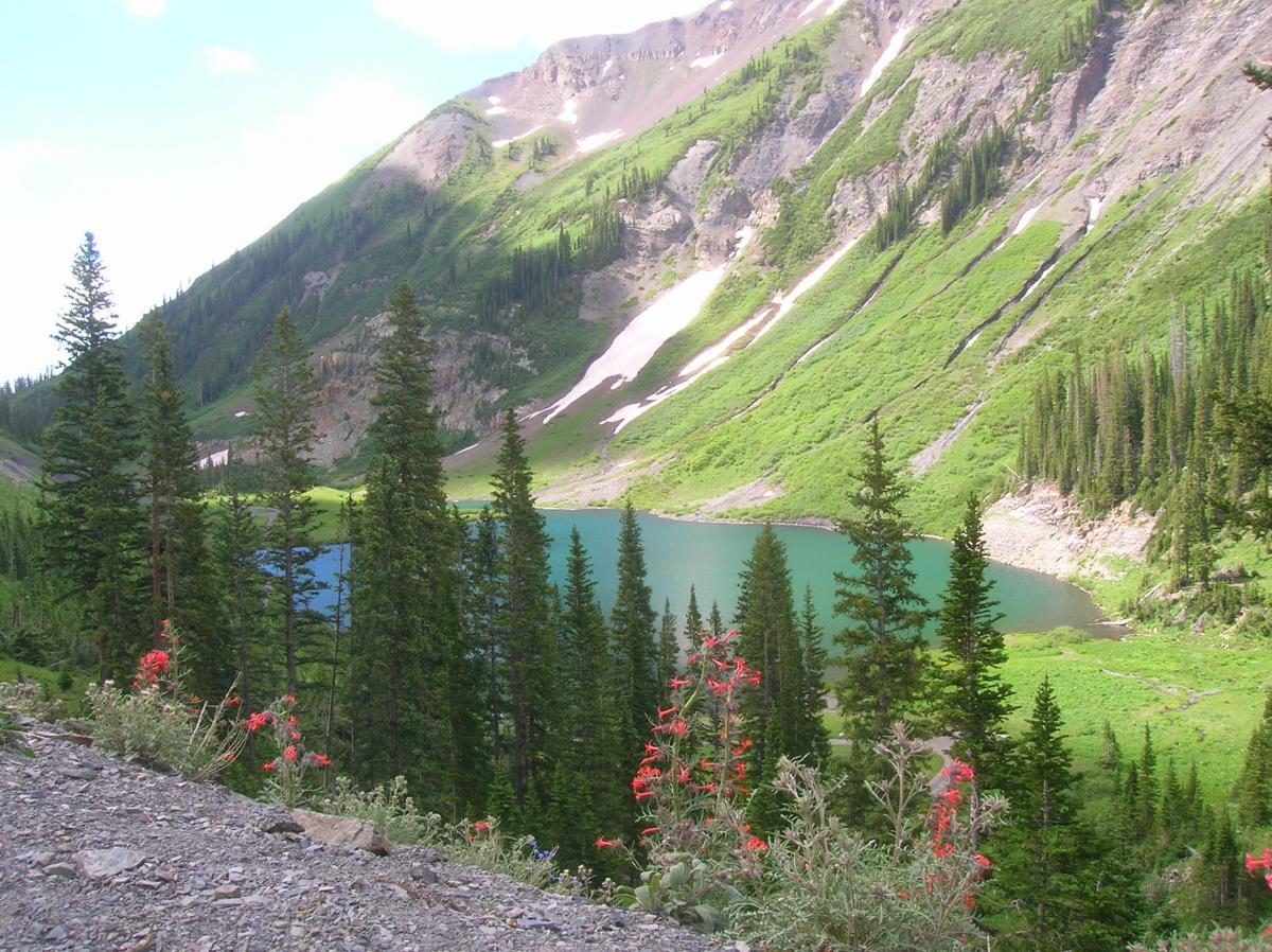 A scenic view of a mountain lake surrounded by lush greenery and towering coniferous trees. The lake's clear blue water reflects the vibrant landscape, while rocky mountain slopes rise in the background, adorned with patches of snow. Bright red flowers bloom in the foreground, adding color to the tranquil natural setting. Trail 401 mountain bike trail.