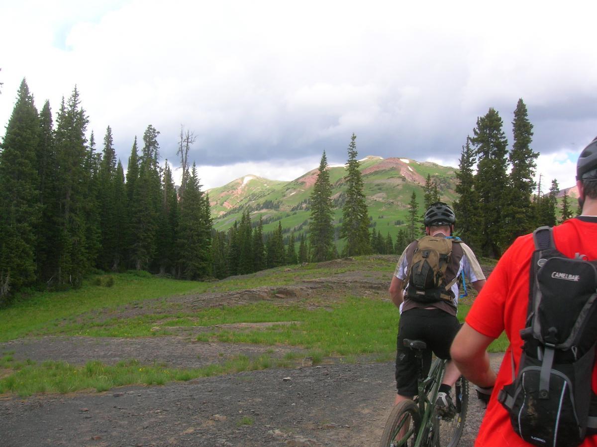 Two mountain bikers riding on a dirt path through a green landscape surrounded by tall pine trees, with rolling hills and distant mountains in the background under a partly cloudy sky. Trail 401 mountain bike trail.