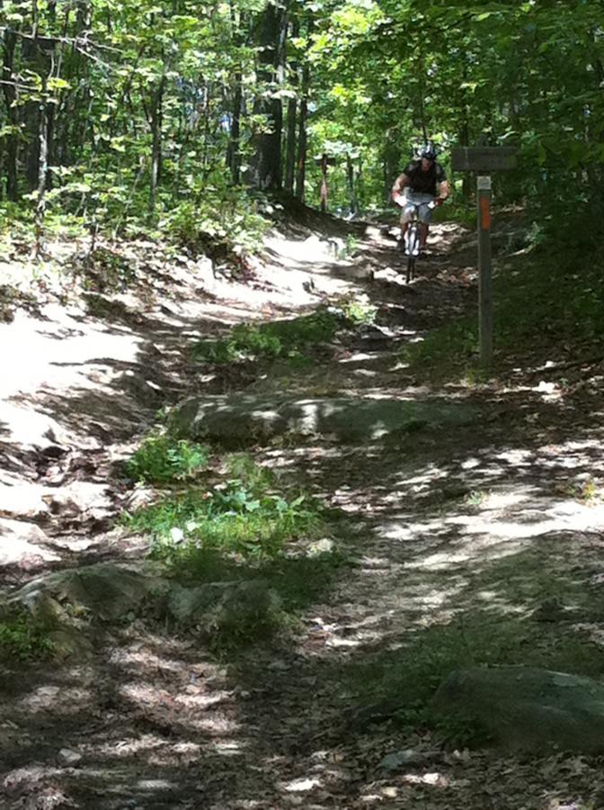 A mountain biker navigating a rocky trail through a forested area on a sunny day, with light filtering through the trees. Kennedy Peak mountain bike trail.