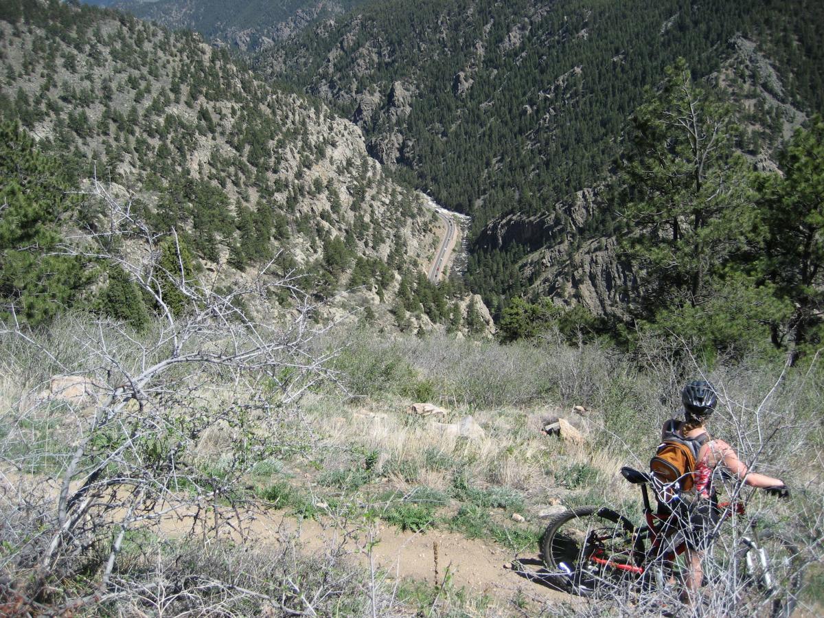 A mountain biker pauses on a dirt trail, overlooking a steep hillside with dense evergreen trees. Below, a winding road curves through the valley, surrounded by rocky terrain under bright sunlight. Sparse vegetation and dry brush are visible in the foreground. Centennial Cone Park mountain bike trail.