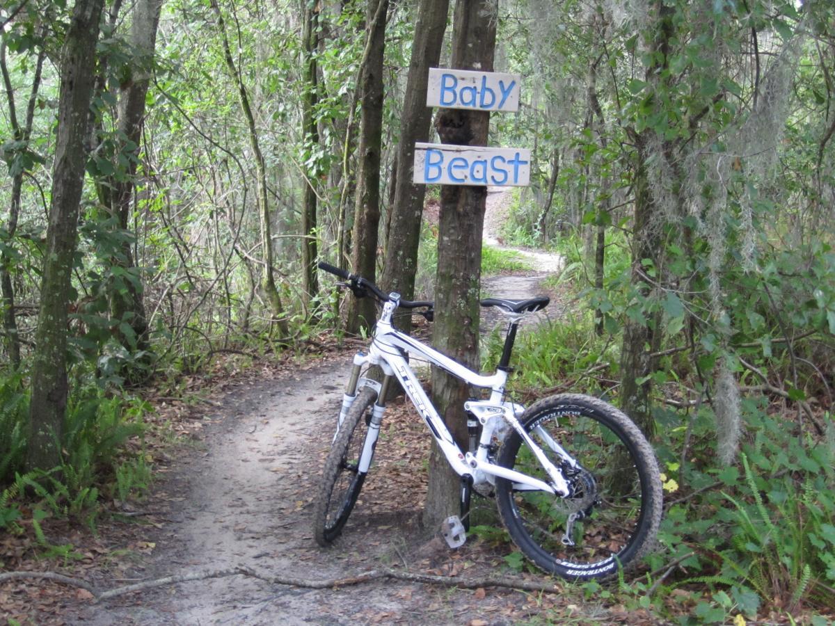 A white mountain bike leaning against a tree along a dirt trail in a wooded area, with signs above reading "Baby" and "Beast." Lush greenery and underbrush are visible along the path, indicating a natural and adventurous setting. Loyce E. Harpe Park mountain bike trail.