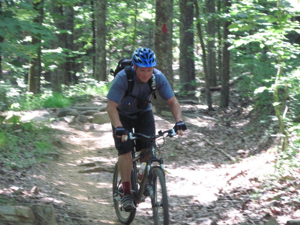 A person riding a mountain bike on a dirt trail surrounded by lush greenery and trees. The cyclist is wearing a blue helmet and a gray shirt, with a focused expression. The trail is rocky and winding, indicating a challenging terrain. Oak Mountain State Park Bump Trail mountain bike trail.