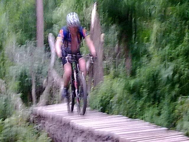 A person mountain biking on a narrow wooden bridge surrounded by lush greenery. The cyclist is wearing a helmet and riding with an energetic stance, slightly blurred to convey motion. Cedar Glades Trail mountain bike trail.