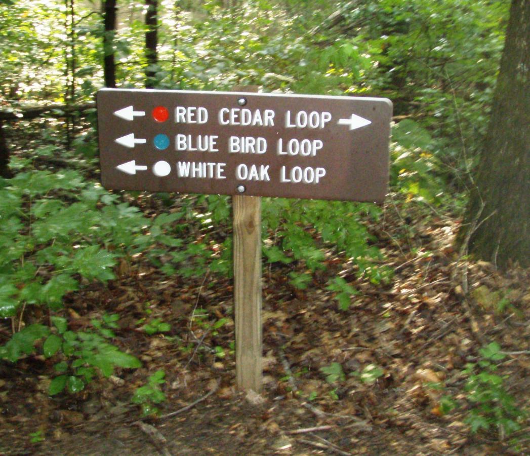 A wooden directional sign in a forested area, indicating three hiking trail loops: Red Cedar Loop, Blue Bird Loop, and White Oak Loop, with corresponding colored markers to guide hikers. Rotary Park mountain bike trail.