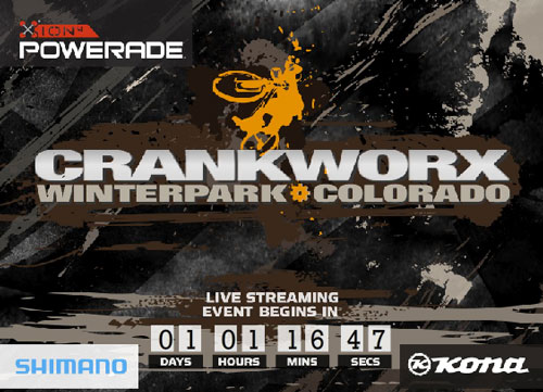 Alt text: Promotional graphic for the Crankworx event in Winter Park, Colorado, featuring the event title prominently and a countdown timer showing days, hours, minutes, and seconds until the live stream starts, along with sponsor logos for Powerade, Shimano, and Kona.