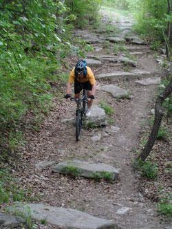 A mountain biker navigating a rocky trail through a lush green forest. The path is uneven with large stones and surrounded by dense foliage. Bluff Trail mountain bike trail.