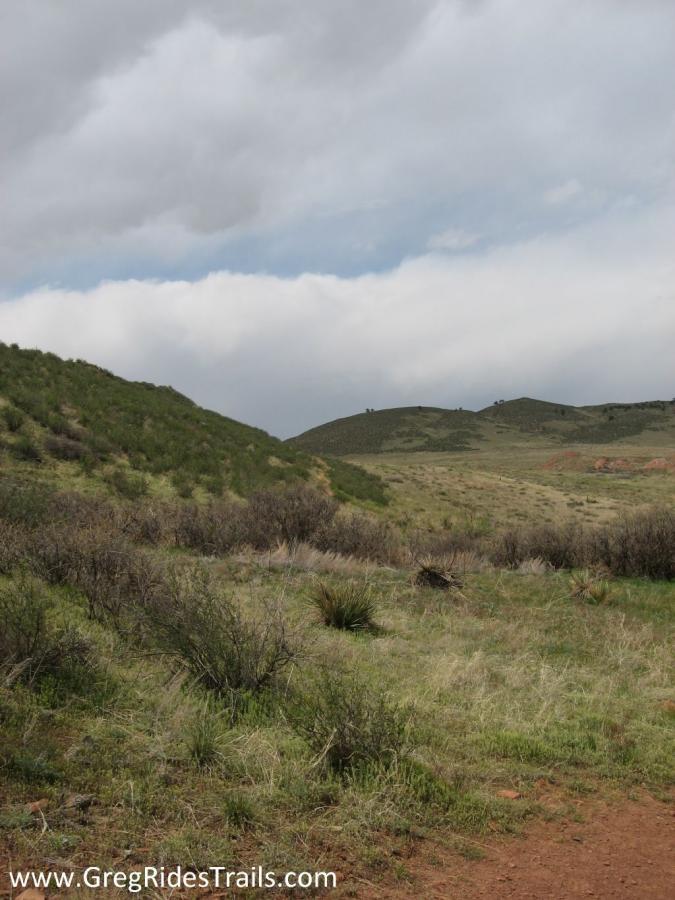 A scenic landscape featuring rolling hills covered with greenery under a partly cloudy sky. The foreground includes a mix of grass and small shrubs, while the hills rise gently in the background, creating a peaceful natural setting. Devil's Backbone mountain bike trail.