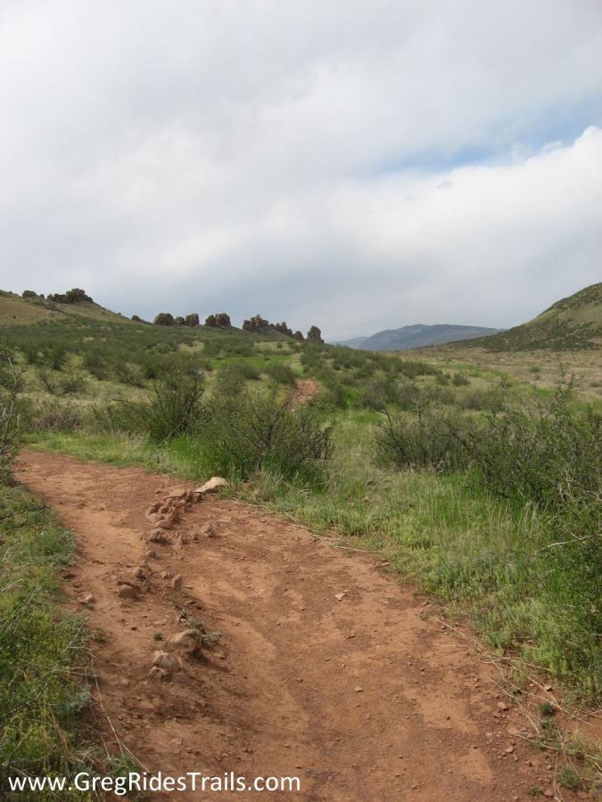 A dirt trail winding through a lush green landscape, surrounded by hills and rocky formations under a cloudy sky. Devil's Backbone mountain bike trail.