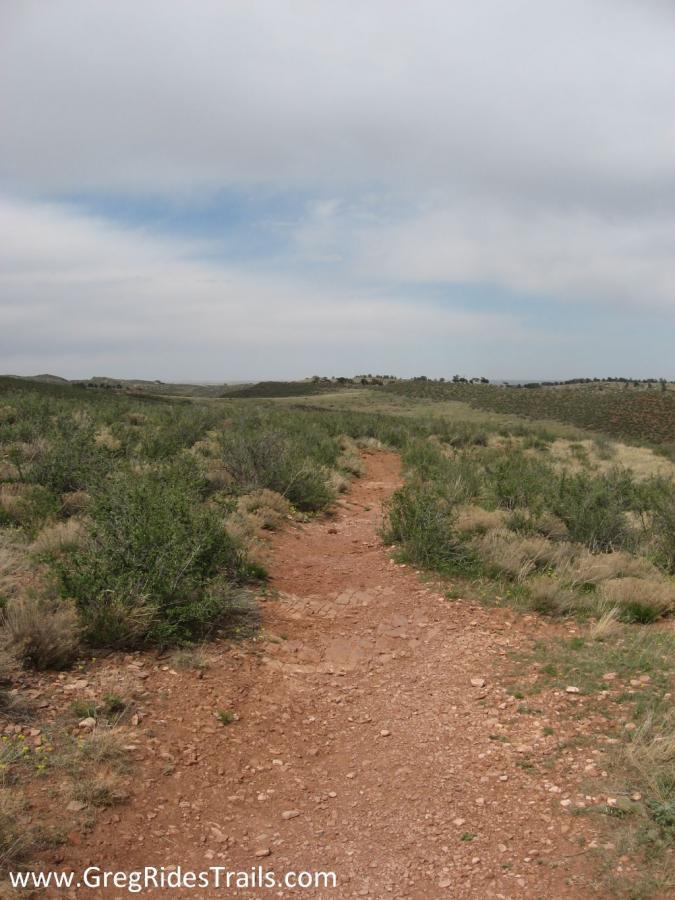 A winding dirt path through a grassy landscape under a cloudy sky, with rolling hills in the background. Sparse vegetation and rocky terrain are visible along the trail. Devil's Backbone mountain bike trail.