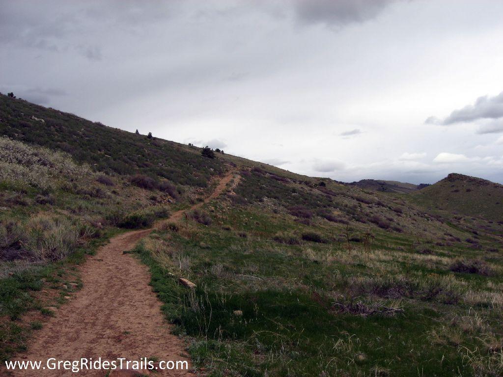 A winding dirt trail leads through a grassy hillside under a cloudy sky. The landscape is predominantly green with patches of shrubs, and the path ascends gently into the distance, surrounded by rolling hills. Coyote Ridge mountain bike trail.