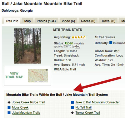 Image of the Bull/Jake Mountain Bike Trail in Dahlonega, Georgia, featuring a path surrounded by trees, along with trail statistics and options for nearby mountain bike trails listed on a webpage.