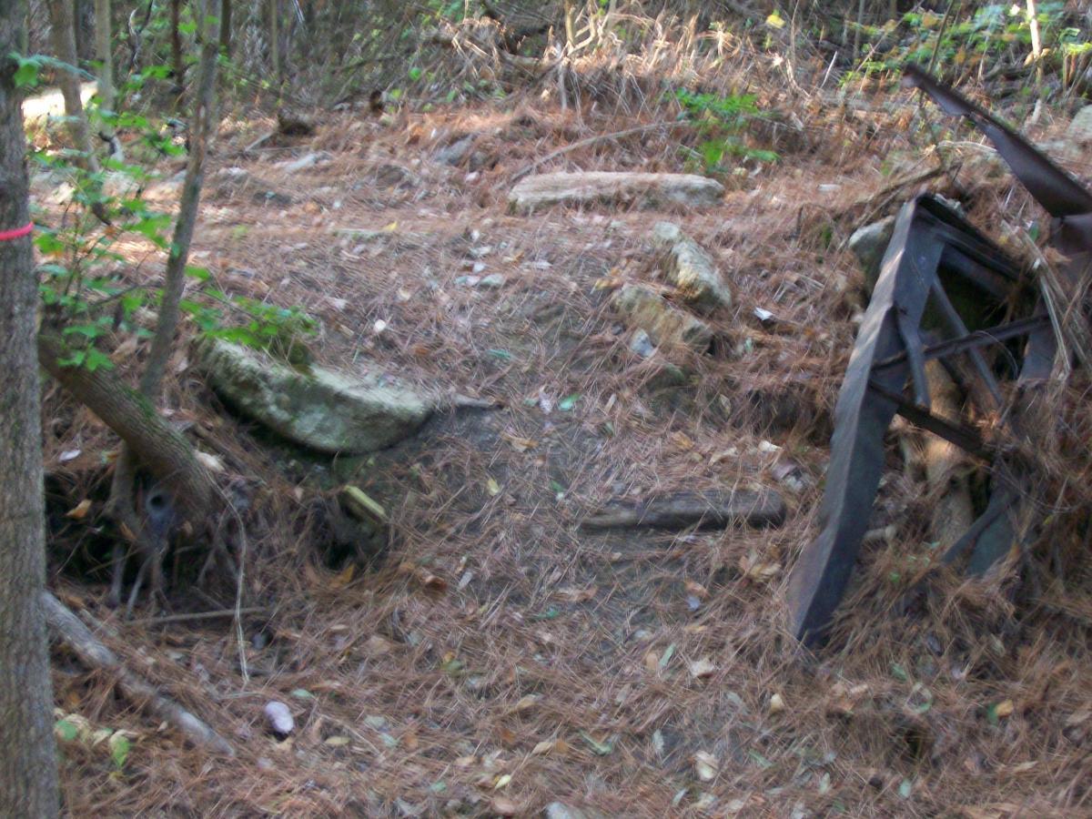 A narrow, overgrown pathway in a wooded area, surrounded by trees and covered with pine needles. There are scattered rocks and a piece of rusted metal debris on the ground, indicating signs of past human activity or discarded materials. The scene conveys a sense of nature reclaiming the land. Research and Technology Park (ERC) mountain bike trail.