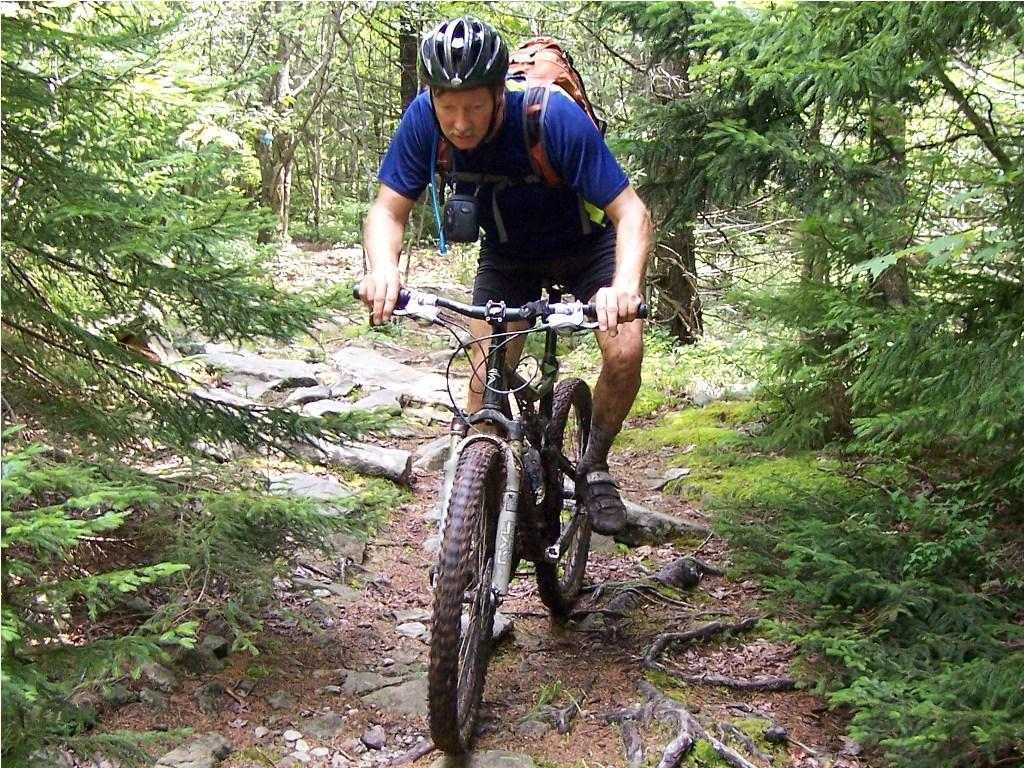 A person in a blue shirt and black shorts riding a mountain bike on a rocky trail surrounded by lush green trees. The cyclist is focused and wearing a helmet, suggesting an adventurous outdoor activity. Bear Pen (modified) Loop mountain bike trail.