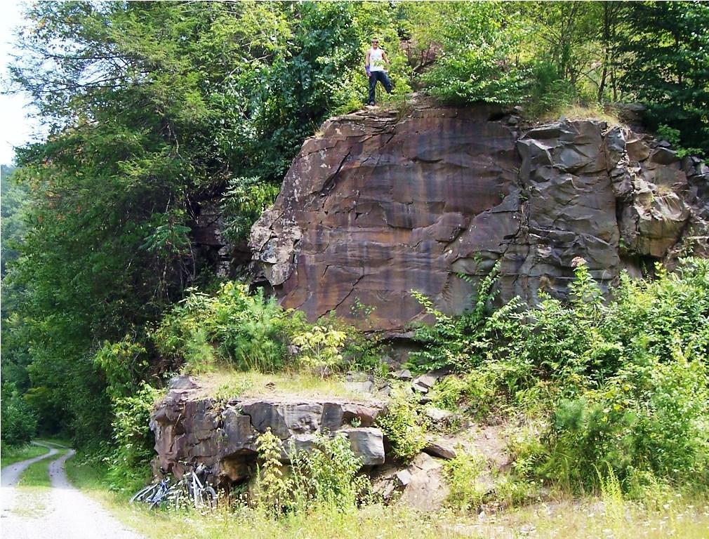 A person standing on top of a rocky outcrop surrounded by lush greenery, with a dirt road leading through the landscape below. Greenbrier River Trail mountain bike trail.