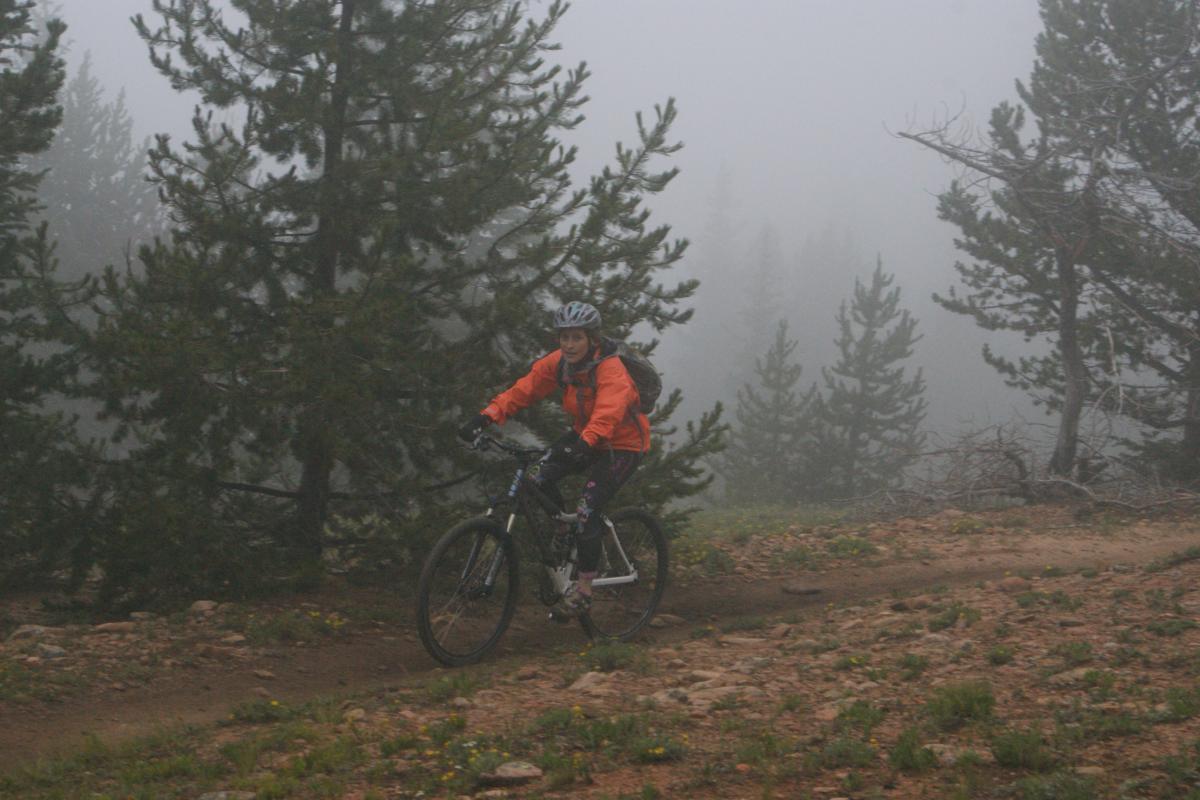 A mountain biker in an orange jacket rides along a foggy trail surrounded by pine trees. The scene depicts a misty forest environment with rocky ground and patches of grass. Monarch Crest Trail mountain bike trail.