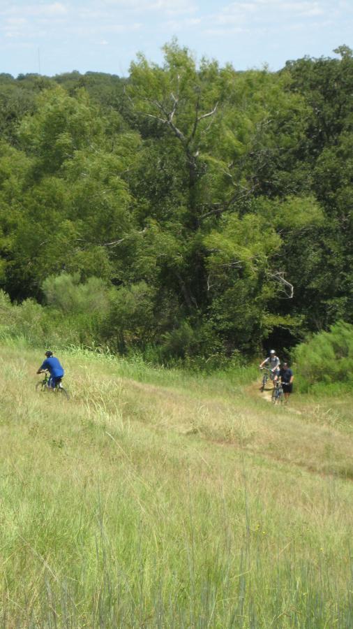 A sunny outdoor scene showing two individuals biking on a grassy hillside, with a third person walking beside them. Dense greenery and trees fill the background, creating a natural setting. Lake Bryan mountain bike trail.