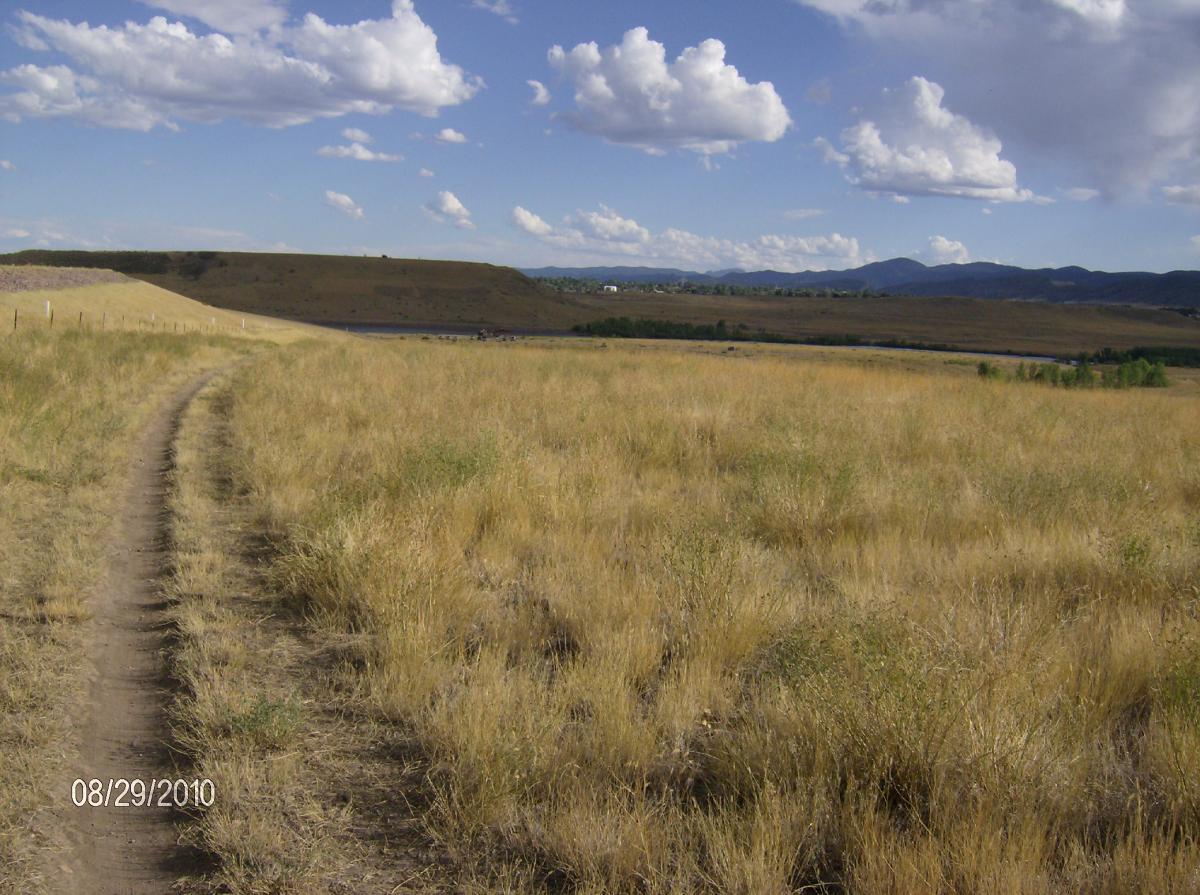 A winding dirt path leads through a vast field of dry grass under a blue sky filled with fluffy white clouds. In the distance, rolling hills and distant mountains create a serene backdrop, with scattered greenery and a faint hint of a water body visible. The image captures a tranquil natural landscape. Bear Creek Lake Park mountain bike trail.
