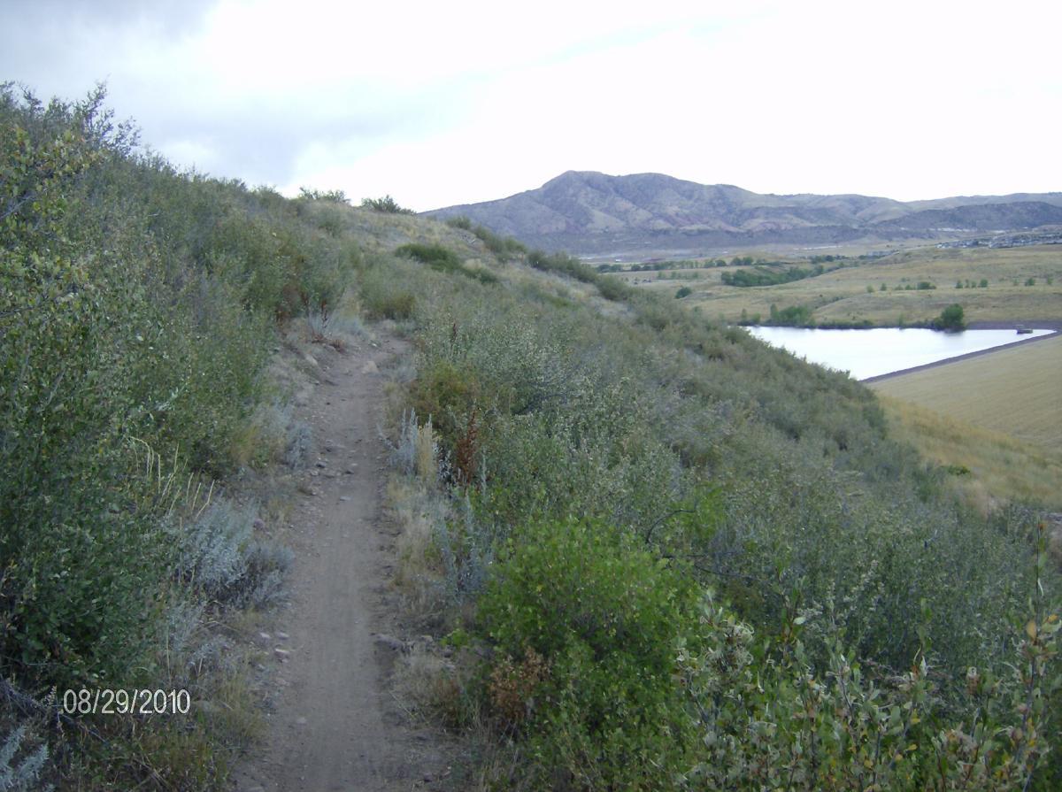 A dirt hiking trail winding along a hillside, surrounded by various shrubs and wild vegetation. In the background, mountains rise under a cloudy sky, while a small body of water and a field are visible in the valley below. Bear Creek Lake Park mountain bike trail.