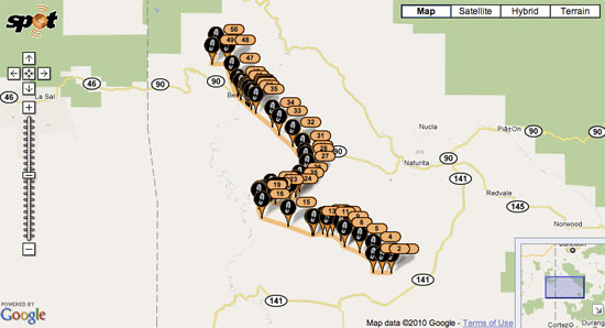 A map showing a winding route with numbered waypoints, likely representing locations tracked by a GPS device. The map features various symbols indicating stops or checkpoints along the path, with surrounding areas labeled such as Nucla and Redvale. The map includes options for different views, such as satellite and terrain.