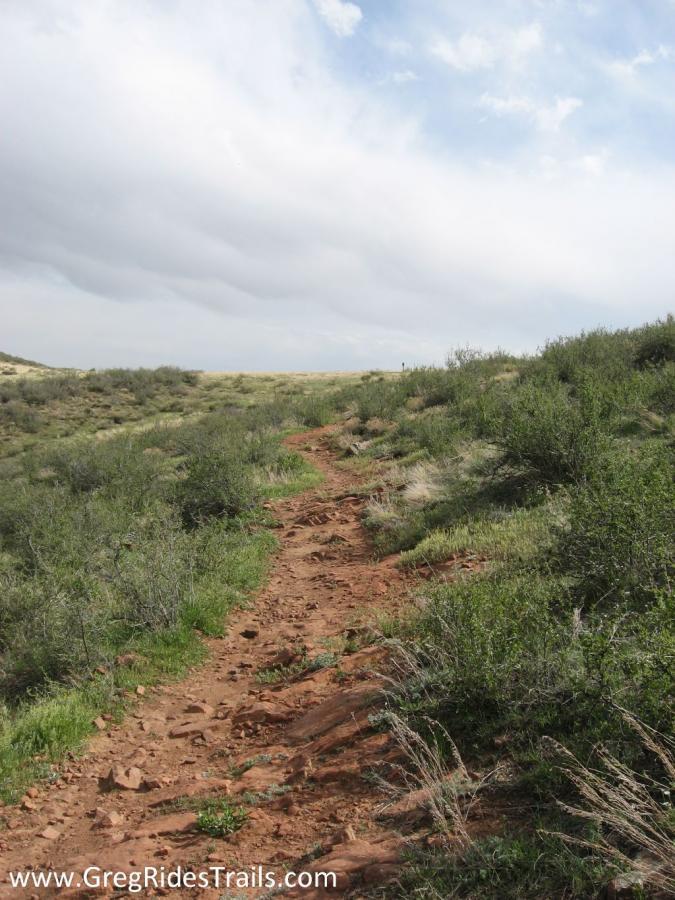 A winding trail leads up a grassy hillside, surrounded by sparse vegetation and rocky terrain under a partly cloudy sky. Devil's Backbone mountain bike trail.
