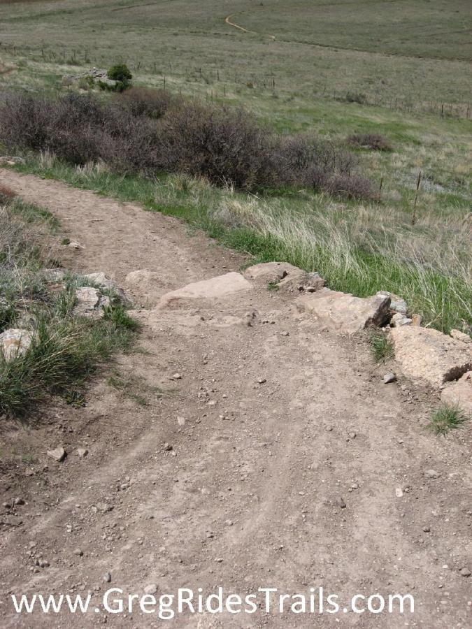 A dirt hiking trail winding through a grassy landscape, featuring rocky formations along the path and a distant viewpoint of a winding trail in the background. The scene conveys a natural outdoor setting ideal for hiking or mountain biking. Coyote Ridge mountain bike trail.