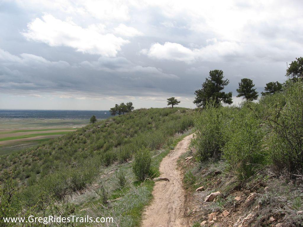 A winding dirt trail leads through a grassy hillside with scattered shrubs and small trees. In the background, rolling fields extend into the distance under a cloudy sky. The landscape conveys a sense of tranquility and natural beauty. Coyote Ridge mountain bike trail.