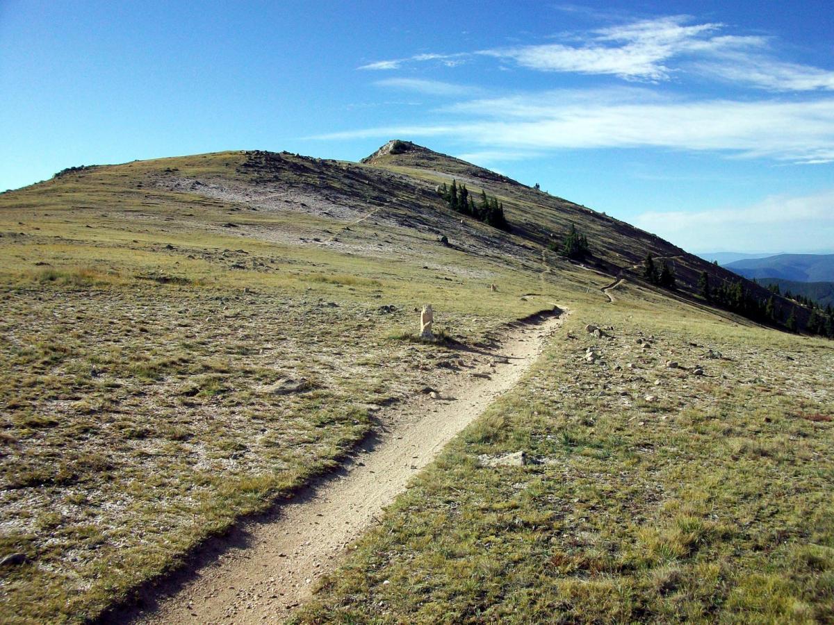 A winding dirt path leading through a grassy, hilly landscape under a clear blue sky, with distant mountains visible on the horizon. The sloping terrain is dotted with rocks and sparse vegetation. Monarch Crest Trail mountain bike trail.
