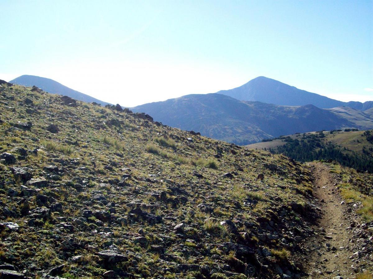 A scenic mountain landscape featuring a rocky hillside covered in grass and small shrubs, with a clear blue sky above. In the background, several mountains rise against the horizon, creating a beautiful natural vista. A narrow dirt trail winds through the foreground, inviting outdoor exploration. Monarch Crest Trail mountain bike trail.