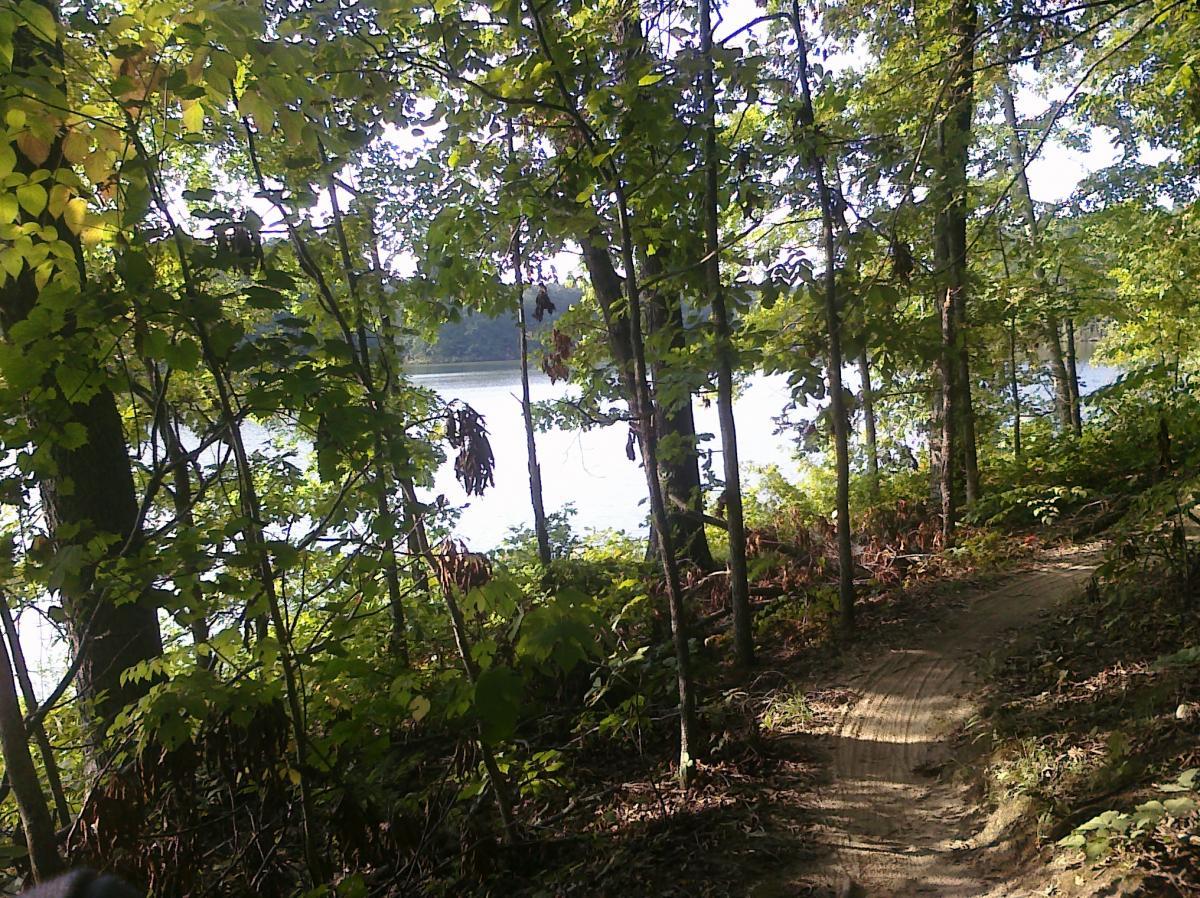 A winding dirt path surrounded by lush green trees and foliage, leading to a serene body of water visible in the background, under a clear sky. Herb Parsons mountain bike trail.