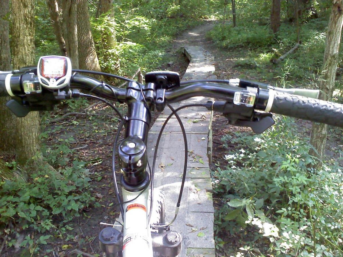 Alt text: View from the handlebars of a mountain bike on a trail in a wooded area, featuring a wooden boardwalk and lush greenery. The bike's gear shifters and digital display are visible. Franke Park mountain bike trail.