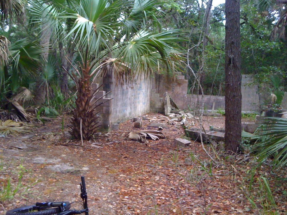 Abandoned structure in a dense forest, surrounded by palm trees and underbrush. Debris and fallen leaves are scattered on the ground, with remnants of concrete walls visible in the background. A bicycle is partially visible in the foreground. Mala Compra mountain bike trail.
