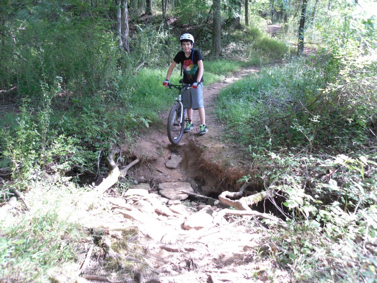 A young person in a helmet stands on a mountain bike beside a rocky path in a wooded area. The trail features a small ditch with exposed roots and stones, surrounded by greenery and trees. The sunlight filters through the leaves, creating a bright atmosphere. Chimney Rock mountain bike trail.