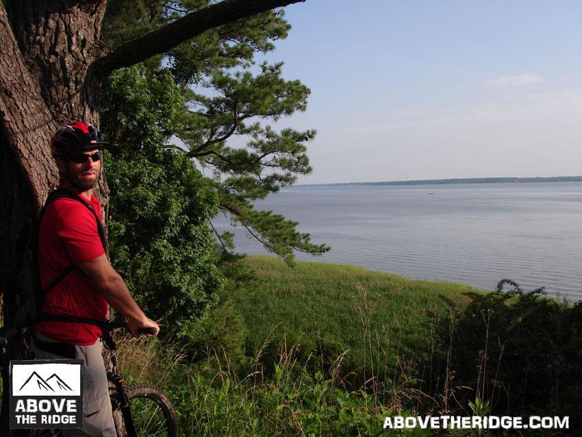 A man in a red shirt and helmet stands next to a large tree, looking out over a calm lake surrounded by greenery. The landscape is sunny with clear skies, highlighting the natural beauty of the scenery. York River State Park mountain bike trail.