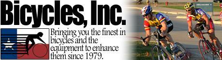 Logo and tagline for Bicycles, Inc., featuring text that reads "Bringing you the finest in bicycles and the equipment to enhance them since 1979," alongside an image of two cyclists riding on a trail.