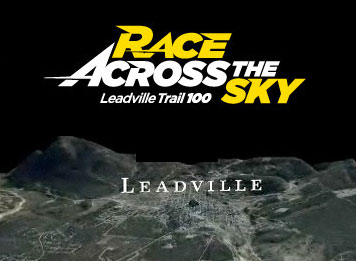 Alt text: Logo for the "Race Across the Sky" event featuring the Leadville Trail 100, with an aerial view of Leadville, Colorado, in the background.