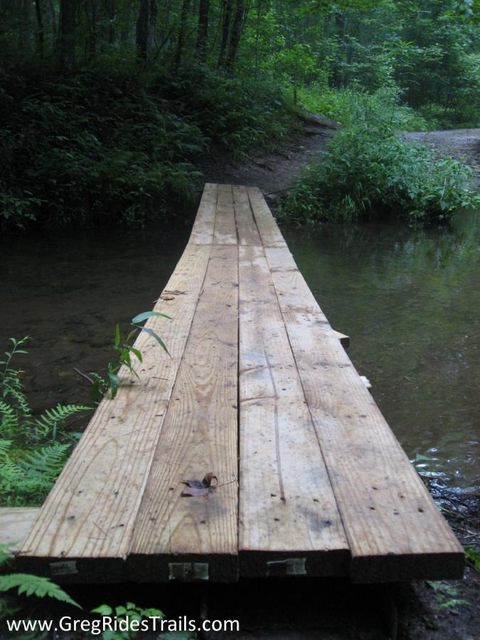 A wooden footbridge spans a small, shallow stream in a lush, green forest. The path leading to the bridge is narrow and surrounded by ferns and dense foliage, creating a serene, natural setting. Montgomery Creek Trail mountain bike trail.