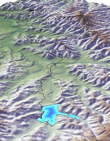 3D topographic map of a mountainous region, featuring contour lines and a blue water body, with varying elevations indicated by textures and colors. Noxubee Crest mountain bike trail.